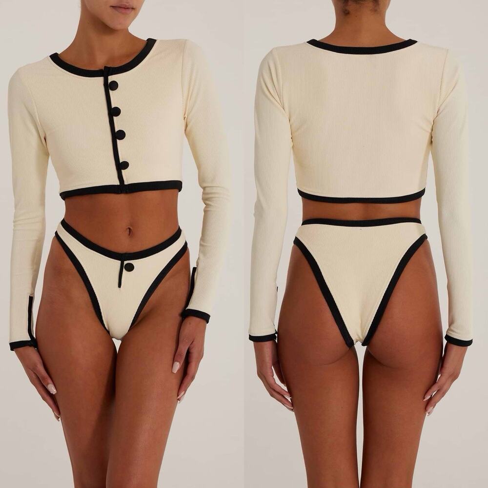 Same Los Angeles Swim Cream Rib Black Trim Grace Long Sleeve Rashguard Small